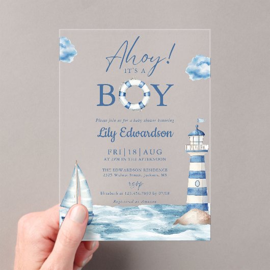 Ahoy is een jongensblauw nautisch Baby shower Acryl Uitnodigingen (Insitu (Draagbaar))