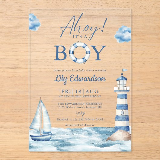 Ahoy is een jongensblauw nautisch Baby shower Acryl Uitnodigingen (Voorkant)