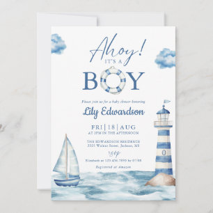 Ahoy is een jongensblauw nautisch Baby shower Kaart