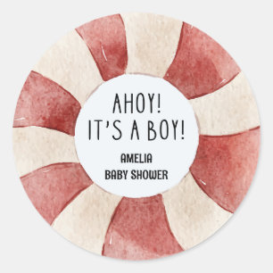 Ahoy is een jongensblauw Zeilboot baby shower beda Ronde Sticker