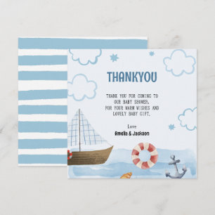 Ahoy is een jongensblauw Zeilboot baby shower Bedankkaart