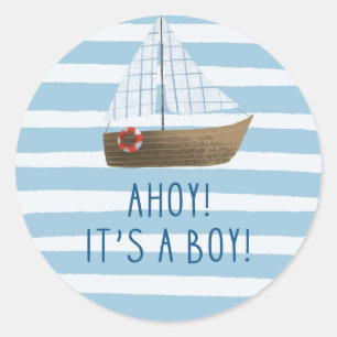 Ahoy is een jongensblauw Zeilboot baby shower Ronde Sticker
