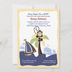 Ahoy Mate Whale, Sailboat & Monkey Invitation 5x7