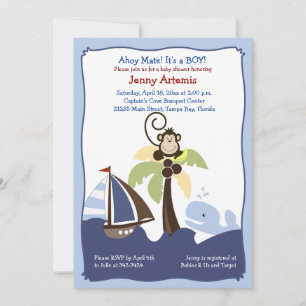 Ahoy Mate Whale, Sailboat & Monkey Invitation 5x7