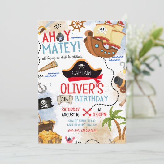 Ahoy Matey Pirate Birthday Invitation Kids Pirate (Debout devant)
