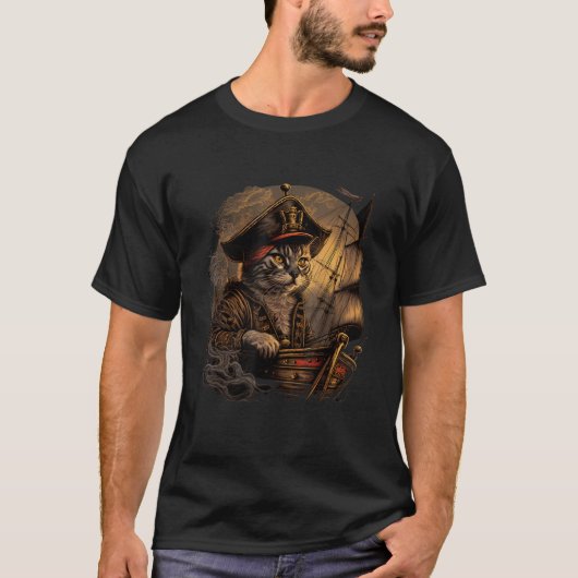 Ahoy, Matey! Pirate Cat Design met Schip en Jolly T-shirt (Voorkant)