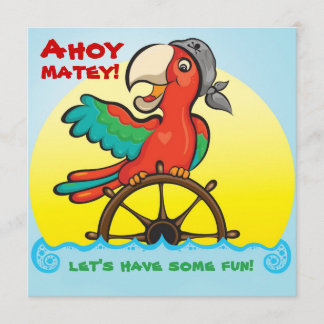 Ahoy Matey Pirate Parrot Birthday Party Invitation Kaart