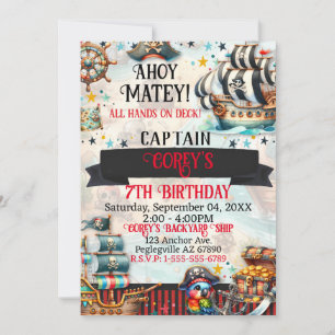 Ahoy Matey Pirate Thema Verjaardagsfeestuitnodigin Kaart