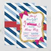Ahoy Mermaid Baby shower Pink Bow Invite Kaart (Voorkant / Achterkant)