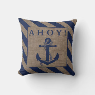 Ahoy. Nautical Anchor Navy Blue & Burlap Stripes Kussen