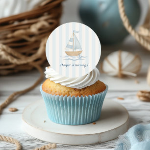 Ahoy Nautical Birthday Sticker   Zeilboot & pastel