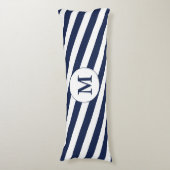 Ahoy. Nautical Monogram Navy Blue & White Stripes Lichaamskussen (Voorkant Verticaal)