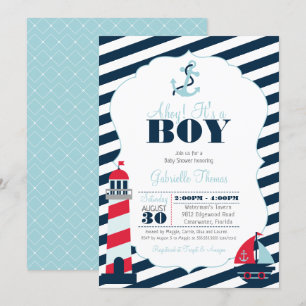 Ahoy Nautical Navy Blue Stripe Boy Baby shower Kaart