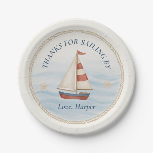 Ahoy Nautical Sailboat Verjaardag | Blauw en rood Papieren Bordje (Voorkant)