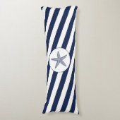 Ahoy. Nautical Starfish Navy Blue & White Stripes Lichaamskussen (Voorkant Verticaal)