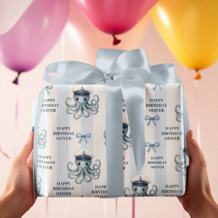 Ahoy nautische octopus gepersonaliseerde verjaarda cadeaupapier