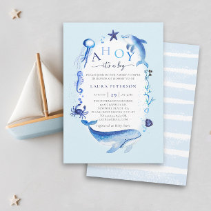 Ahoy Ocean Animals Nautical Blue Boy Baby shower Kaart