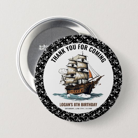 Ahoy! Piratenschip achtste verjaardag Ronde Button 7,6 Cm (Voorkant /achterkant)