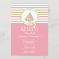 Ahoy Sailboat Nautical Girl Baby shower Invitation