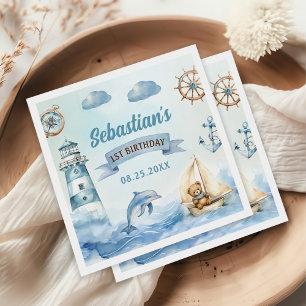 Ahoy Sailor Nautical Boat Blue 1e verjaardag Servet