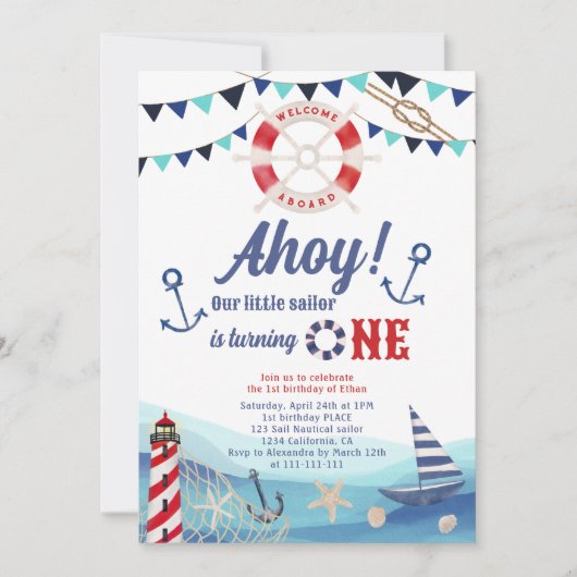 Ahoy sailor nautical boot blue red 1ste verjaardag kaart (Voorkant)