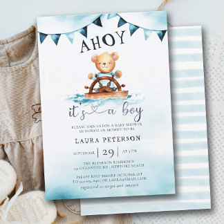 Ahoy Teddy Bear Waves Boot Helm Boy Baby shower Kaart