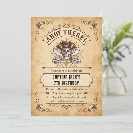 Ahoy There Pirate Verjaardag Uitnodiging (Staand voorkant)