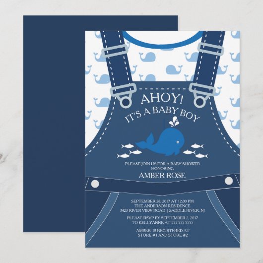 Ahoy Whale Baby shower nautique Invitation (Devant / Derrière)