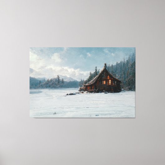 Ai Art Gallery™ - Log Cabin op een koude winterdag Canvas Afdruk (Voorkant)