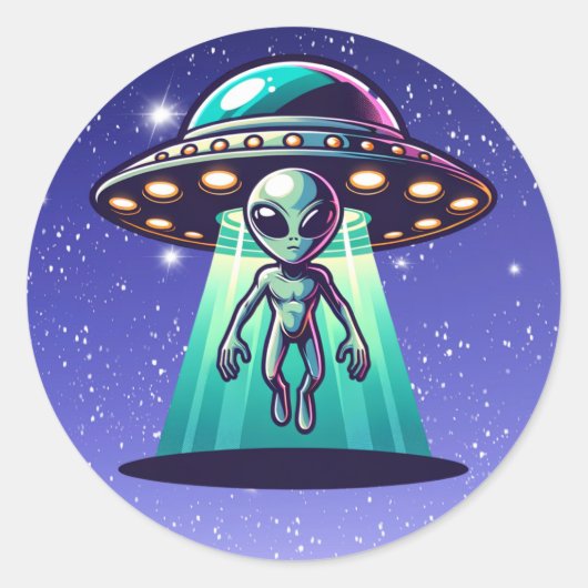 AI Art met UFO Beaming up an Alien Ronde Sticker (Voorkant)