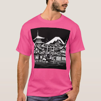 AI Art Traditionele Kyoto gebouwen in zwart wit T-shirt