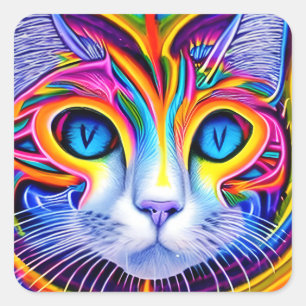 AI Generated Artsy Cool Blue Eyed Abstract Cat Vierkante Sticker