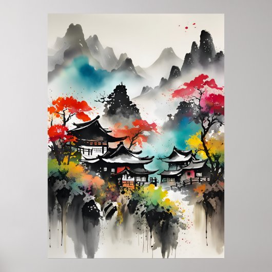 AI Inkttekening landschap Poster (Voorkant)