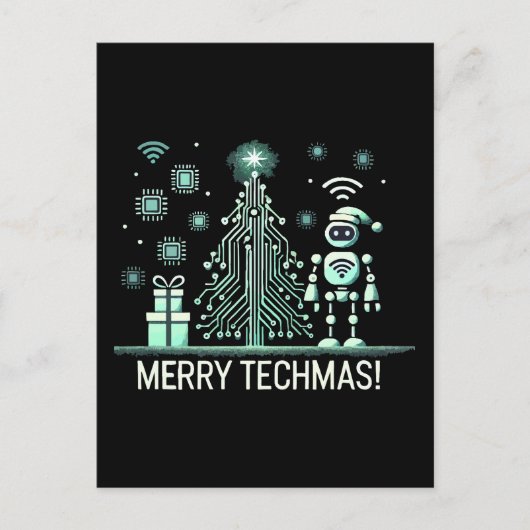 AI-robot met Tech Christmas Tree - Vrolijke Techma Briefkaart (Voorkant)