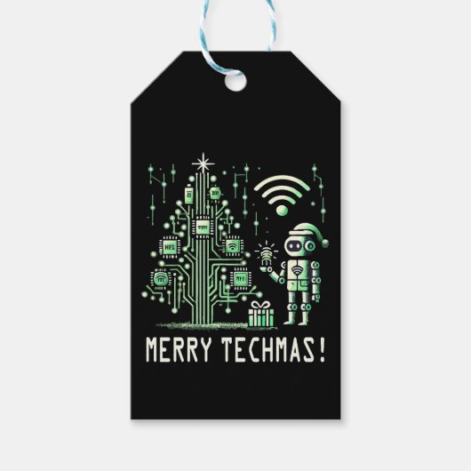 AI-robot met Tech Christmas Tree - Vrolijke Techma Cadeaulabel (Voorkant)