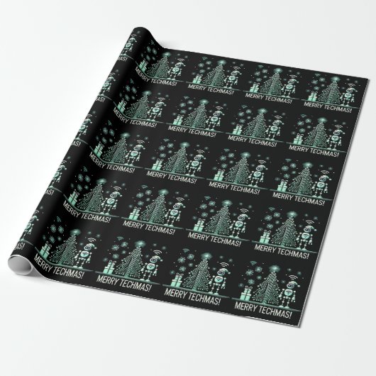 AI-robot met Tech Christmas Tree - Vrolijke Techma Cadeaupapier (Uitgerold)