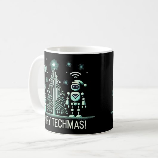 AI-robot met Tech Christmas Tree - Vrolijke Techma Koffiemok (Voorkant links)