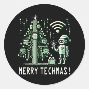 AI-robot met Tech Christmas Tree - Vrolijke Techma Ronde Sticker