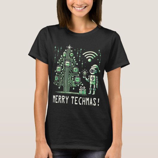 AI-robot met Tech Christmas Tree - Vrolijke Techma T-shirt (Voorkant)