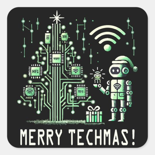 AI-robot met Tech Christmas Tree - Vrolijke Techma Vierkante Sticker (Voorkant)