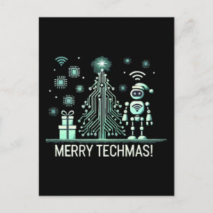 AI-robot met tech kerstboom – vrolijk techmas Briefkaart