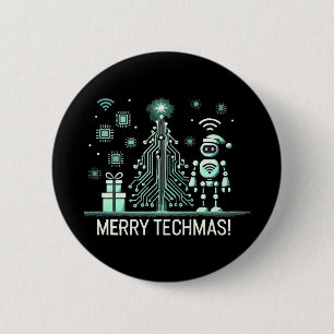AI-robot met tech kerstboom – vrolijk techmas Ronde Button 5,7 Cm