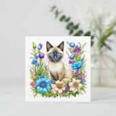 Ai Waterverf Siamese kat in bloemen (Staand voorkant)