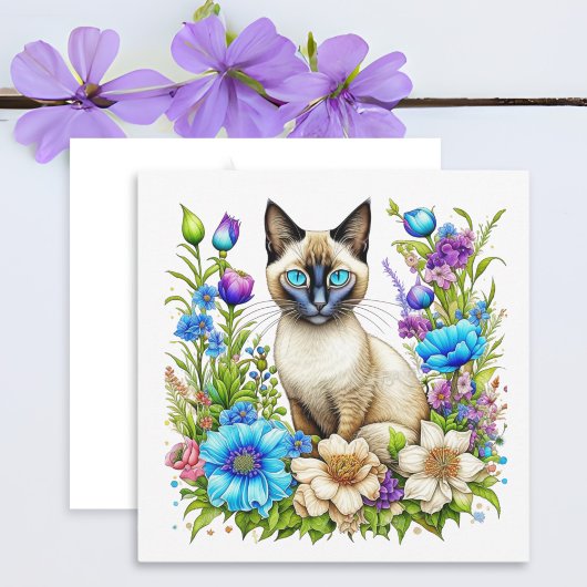 Ai Waterverf Siamese kat in bloemen