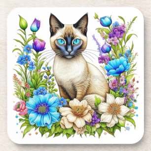 Ai Waterverf Siamese kat in bloemen Bier Onderzetter