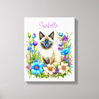 Ai Waterverf Siamese kat in bloemen gepersonalisee