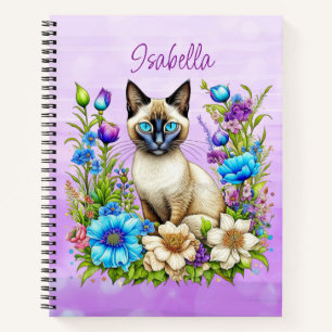 Ai Waterverf Siamese kat in bloemen gepersonalisee Notitieboek