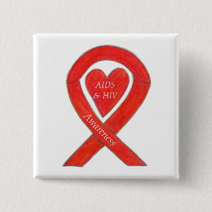 AIDS en HIV Awareness Heart Ribbon Gepersonaliseer Vierkante Button 5,1 Cm
