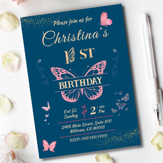Ailes papillon 1er anniversaire invitation couleur
