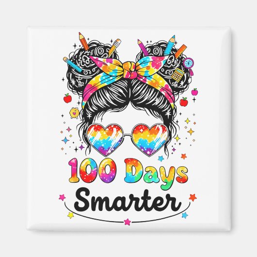 Aimant 100 Days Smarter Messy Bun 100th Day Of School Gir (Devant)